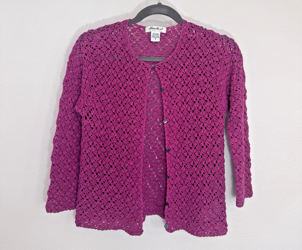 Eddie Bauer Linen Cotton Crochet Cardigan Womens Medium Pink Button Front Y2K
